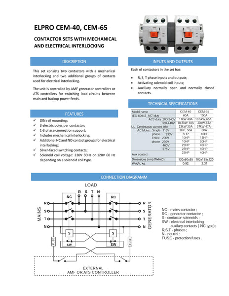 ELPRO CEM-65 Contactor Set, 3P 65A 230/400V 50-60Hz