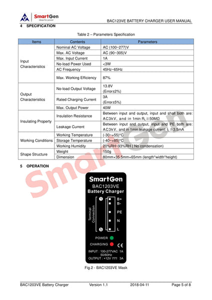 SmartGen BAC1203VE (12V3A) Battery Charger