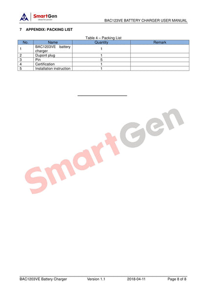 SmartGen BAC1203VE (12V3A) Battery Charger